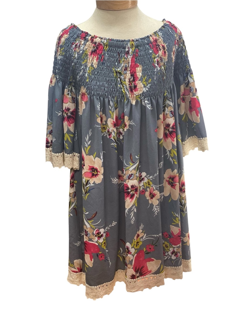 Umgee Slate Blue Floral Smocked Off-Shoulder Large Mini Dress Tunic Cream Lace